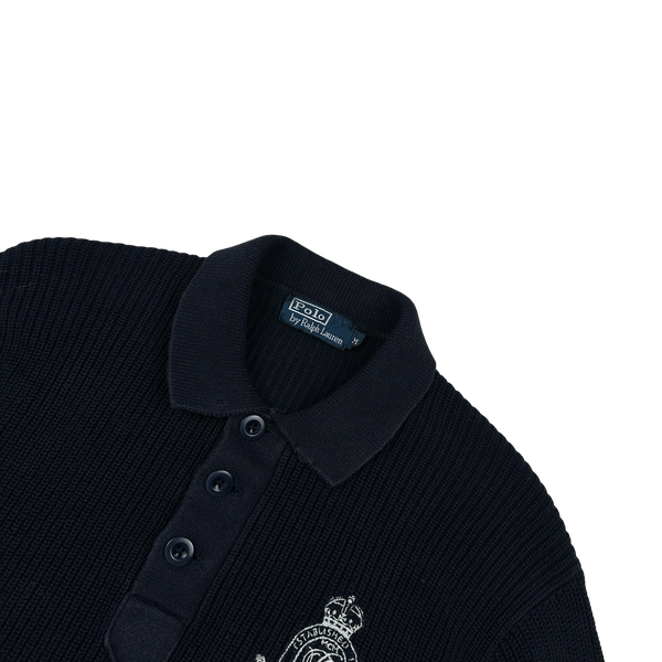 Ralph Lauren Navy Cotton Knit Quarter Button Embroidered Crest Jumper - Medium