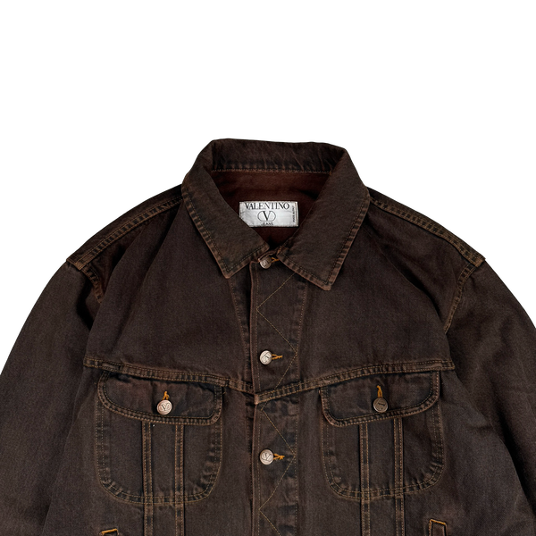 Valentino Brown Faded Denim Multi Pocket Collared Jacket  - XL