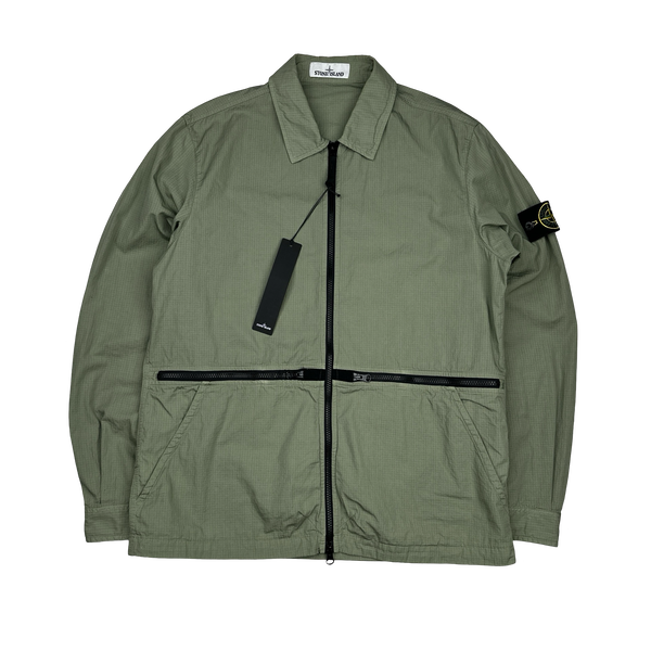 Stone Island 2019 Green Cotton Rip Stop Zipped Overshirt - Large