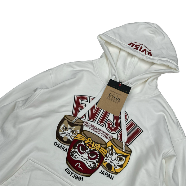 Evisu White Embroiderd Graphic Cotton Hoodie - Small