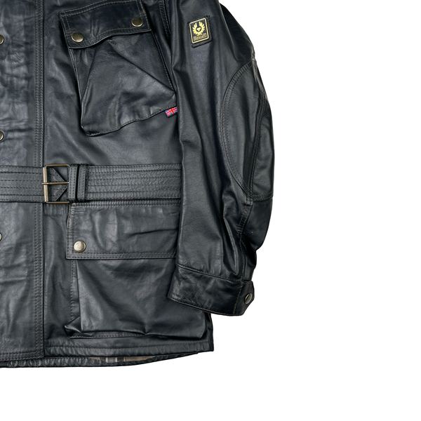 Belstaff Black Multi Pocket Field Leather Zipped Heavyweight Jacket - Small
