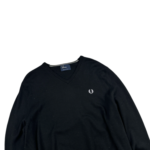 Fred Perry Black Wool V Neck Knit - Large