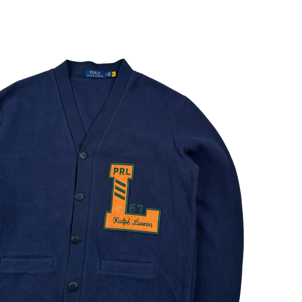 Ralph Lauren Polo Navy Buttoned Varsity Letterman Fleece Cardigan - Large