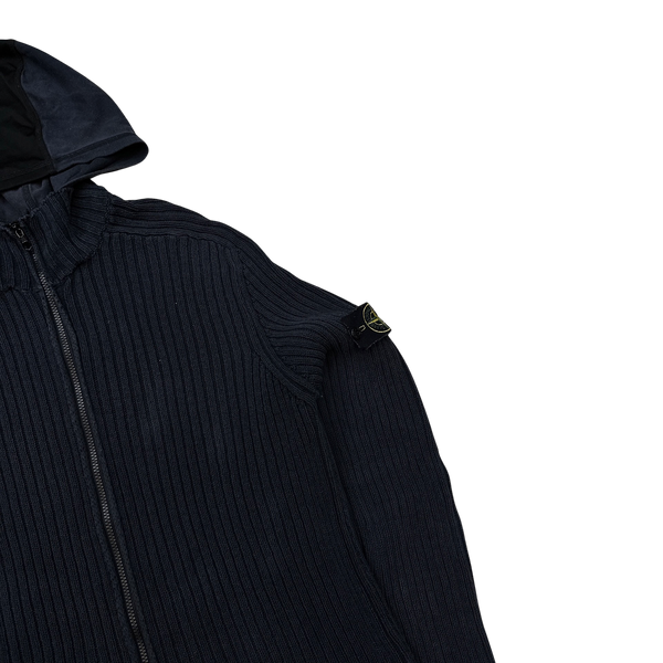 Stone Island Dark Navy Ribbed Knit Zipped Hooded Jumper - XXL