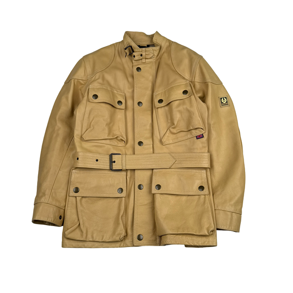 Belstaff Cream Multi Pocket Field Leather Zipped Heavyweight Jacket - Small