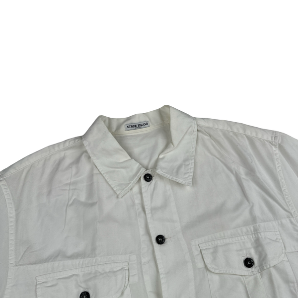 Stone Island 2004 White Cotton Spellout Short Sleeve Shirt - Large