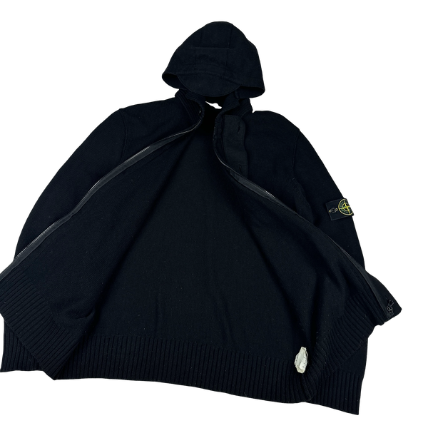 Stone Island 2007 Black Wool Heavyweight Knit Hooded Cardigan - 3XL