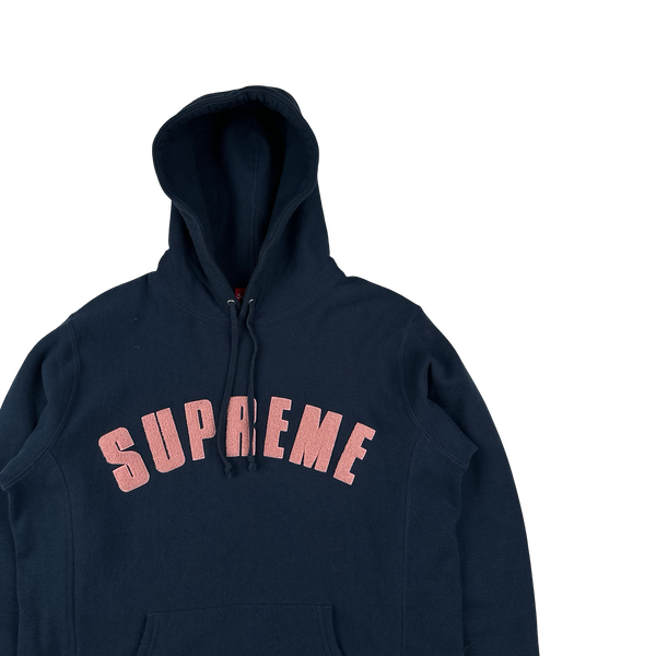 Supreme Navy Fleece Spellout Pullover Hoodie - Large