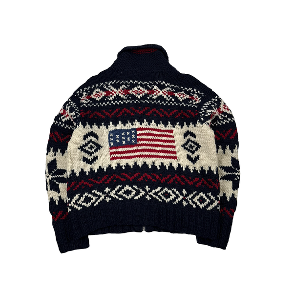 Ralph Lauren Wool Cable Knit Zipped Folk Style Flag Jumper - Medium