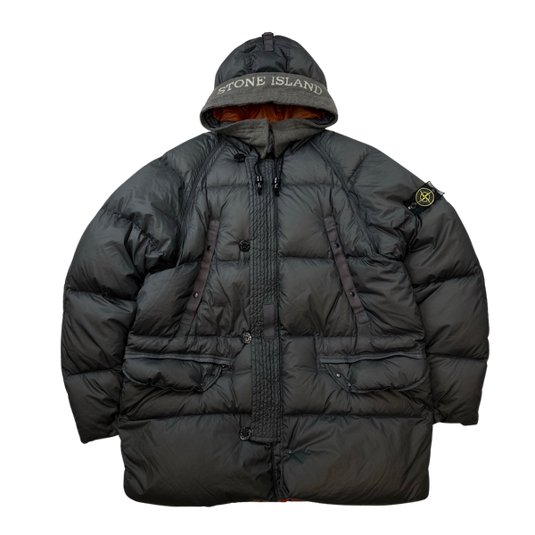 Stone Island 2007 Opaque Nylon Tela Spellout Hood Mesh Badge Long Puffer Jacket - 3XL