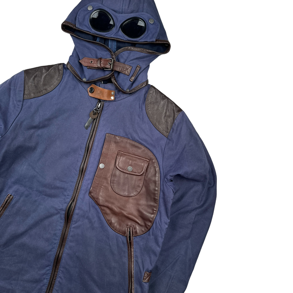 CP Company Blue/Brown Leather Hand Wax Finishing Goggle Jacket - Medium