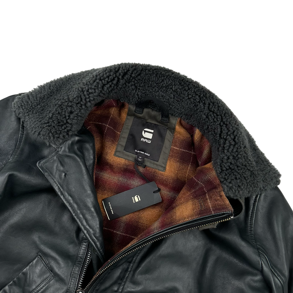 G Star Raw Black Leather Lined Shearling Collar Jacket - Medium