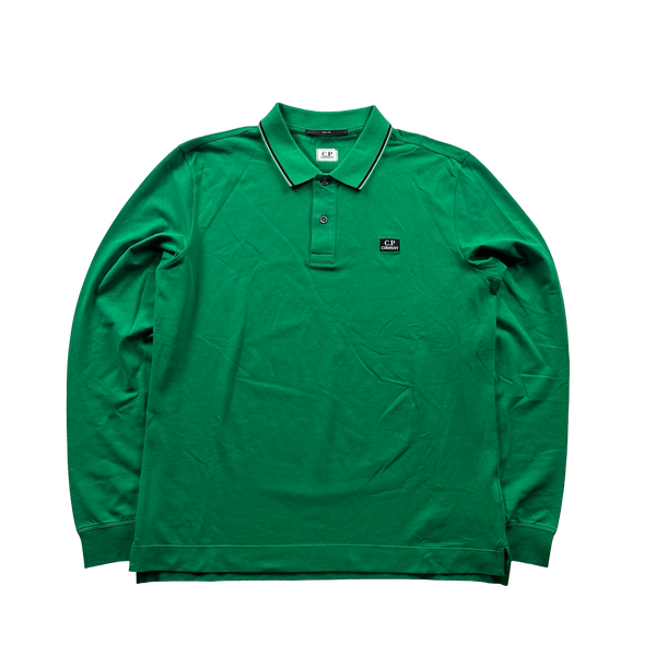 CP Company Green Spellout Longsleeve Polo Shirt - Large
