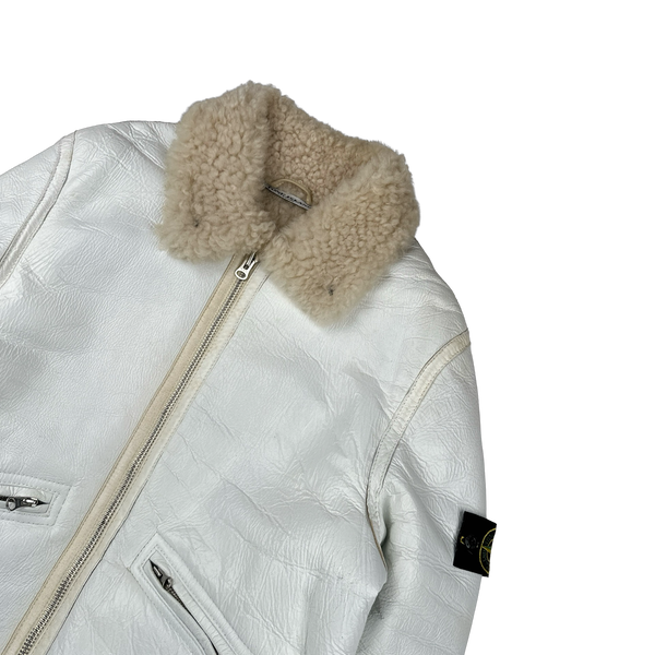 Stone Island 2005 White Hand Painted Lambskin Leather Thick Shearling Jacket - Medium
