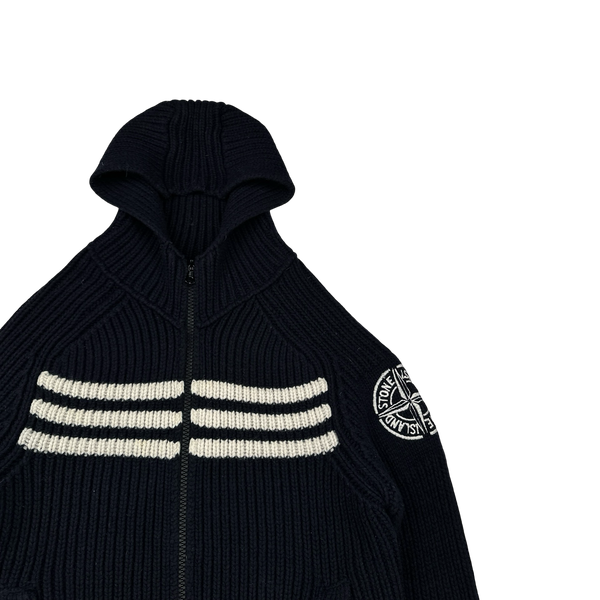 Stone Island 2005 Navy Heavyweight Wool Knit Spellout Hooded Cardigan - Large
