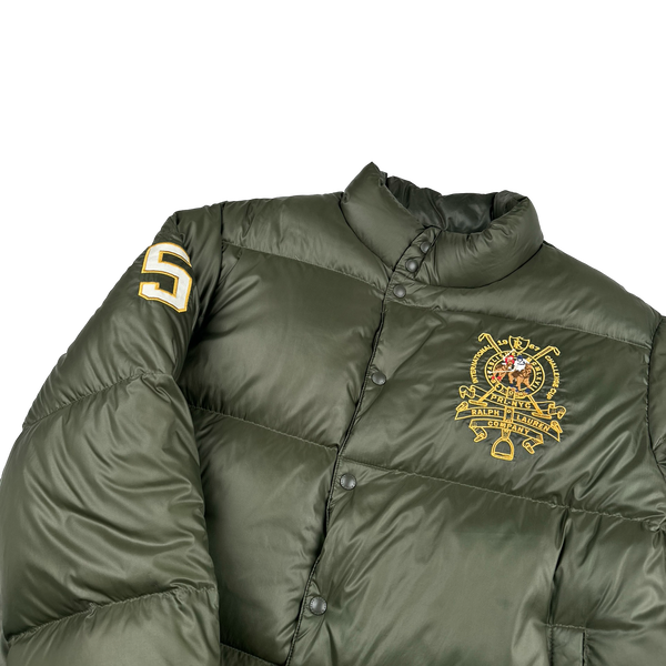 Ralph Lauren Khaki Green Down Filled Embroidered Spellout Puffer Jacket - XL