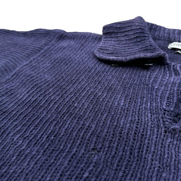 Stone Island 1998 Navy Vintage Cotton Chenille Knit Collared Jumper - XL