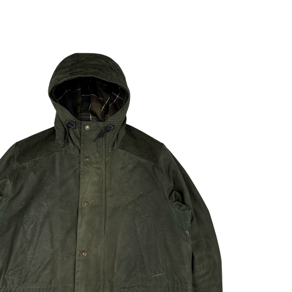 Barbour Green Cotton Flannel Lined Hooded Wax Jacket - XL
