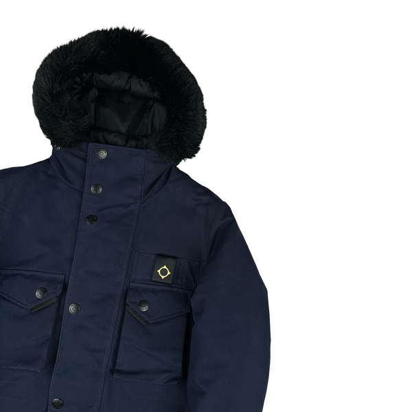 Ma Strum Navy Multi Pocket Long Quilted Fur Hood Trim Jacket - XS