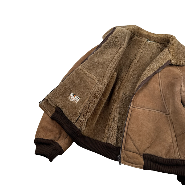 Vintage Beige Leather Lined Shearling Collar Bomber Jacket - Medium