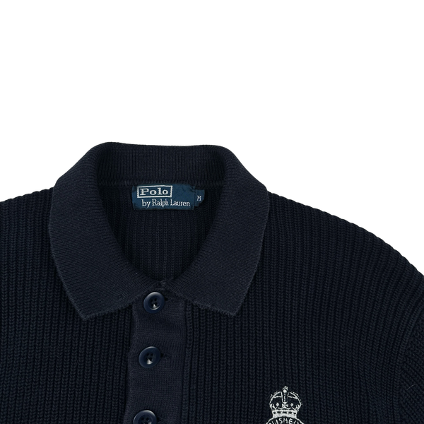 Ralph Lauren Navy Cotton Knit Quarter Button Embroidered Crest Jumper - Medium