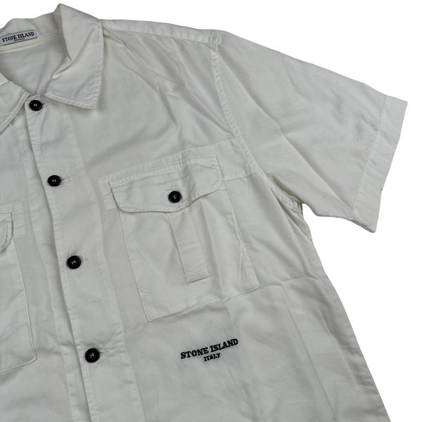 Stone Island 2004 White Cotton Spellout Short Sleeve Shirt - Large