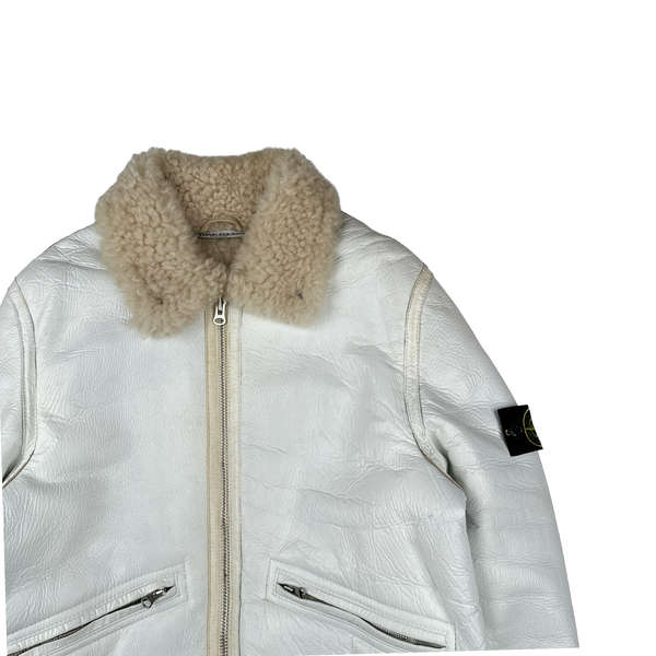 Stone Island 2005 White Hand Painted Lambskin Leather Thick Shearling Jacket - Medium