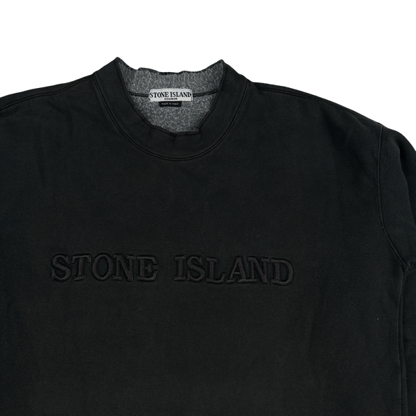 Stone Island 1990s Vintage Black Cotton Embroidered Spellout Pullover - Large