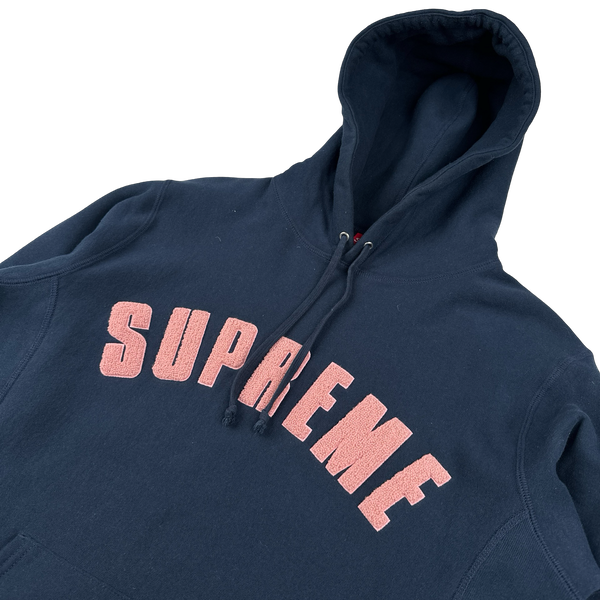 Supreme Navy Fleece Spellout Pullover Hoodie - Large