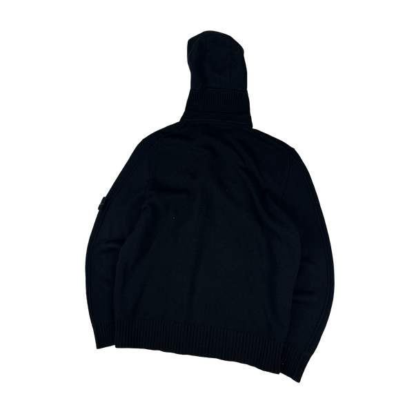 Stone Island 2007 Black Wool Heavyweight Knit Hooded Cardigan - 3XL