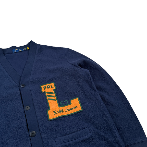Ralph Lauren Polo Navy Buttoned Varsity Letterman Fleece Cardigan - Large