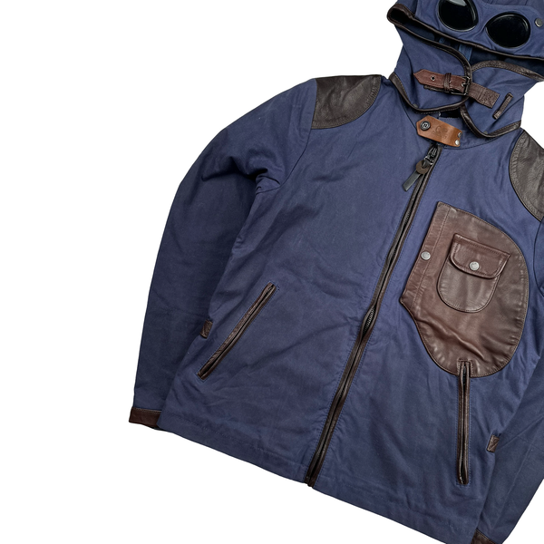 CP Company Blue/Brown Leather Hand Wax Finishing Goggle Jacket - Medium