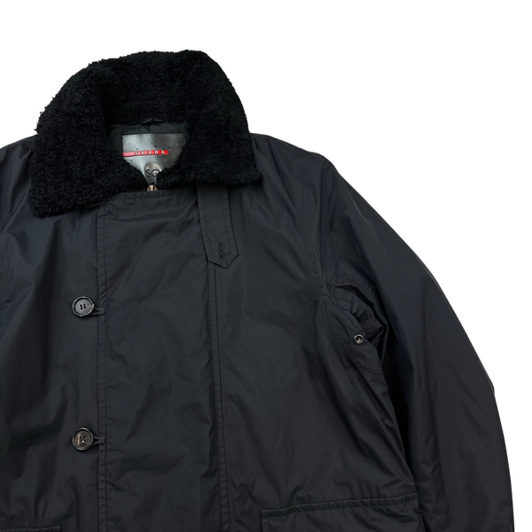 Prada Black Nylon Blend Sherpa Fleece Long Jacket- Medium