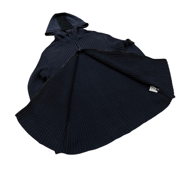 Stone Island Dark Navy Ribbed Knit Zipped Hooded Jumper - XXL