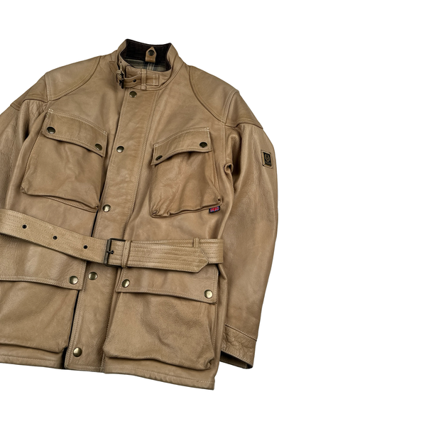 Belstaff Light Brown Multi Pocket Field Leather Zipped Heavyweight Jacket - Small