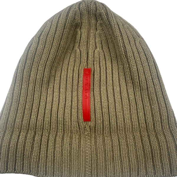 Prada Red Tab Light Olive Wool Spellout Beanie