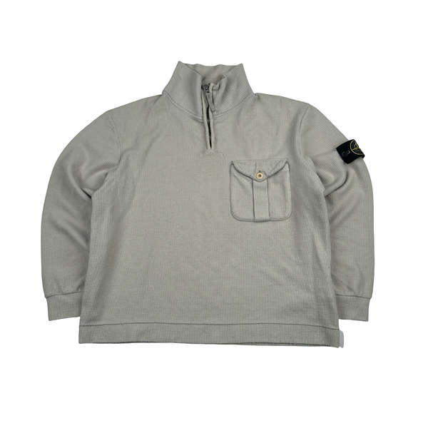 Stone Island 2001 Light Grey Wool Blend Vintage Ribbed High Neck Jumper - Medium
