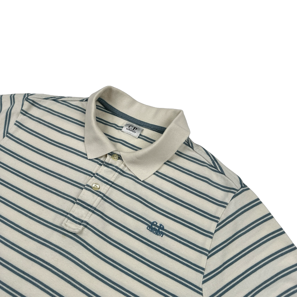 CP Company 2010 Blue Striped Spellout Cotton Short Sleeve Polo - Large