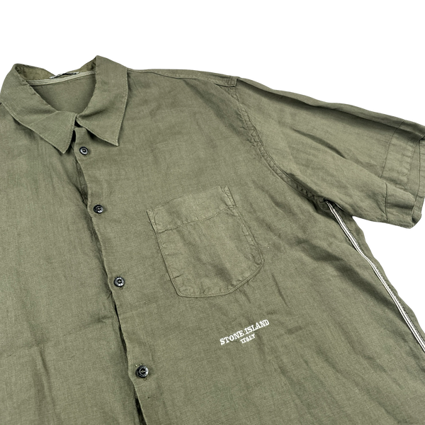 Stone Island 2004 Khaki Lino Flax Spellout Short Sleeve Shirt - XXL