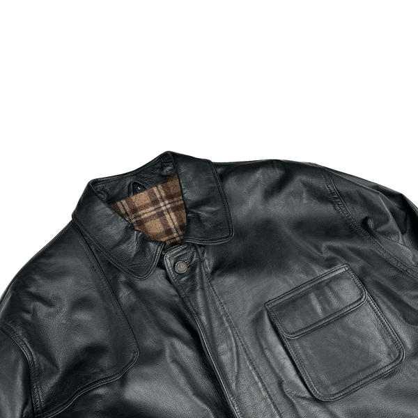 Black Heavyweight Plaid Lined Leather Jacket - Large