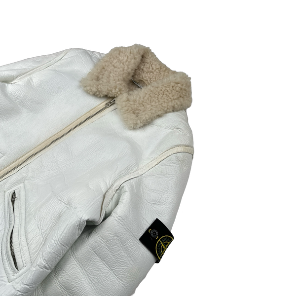 Stone Island 2005 White Hand Painted Lambskin Leather Thick Shearling Jacket - Medium