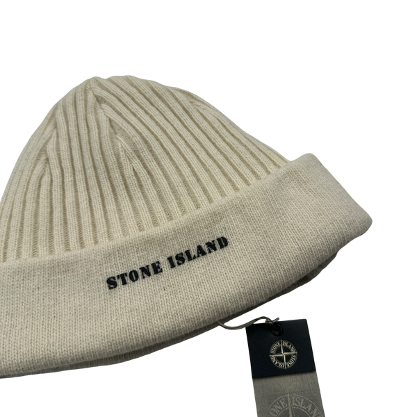 Stone Island 2000s Cream Wool Spellout Beanie