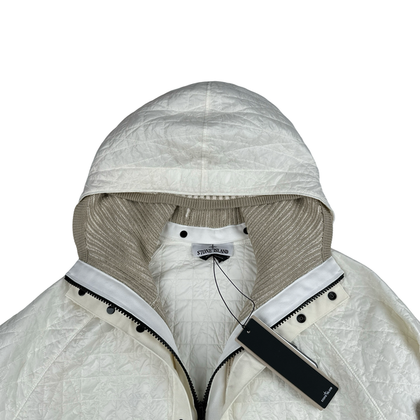 Stone Island 2025 White Garment Dyed Crinkle Reps Knitted Hood NY Quilted TC Jacket - Large