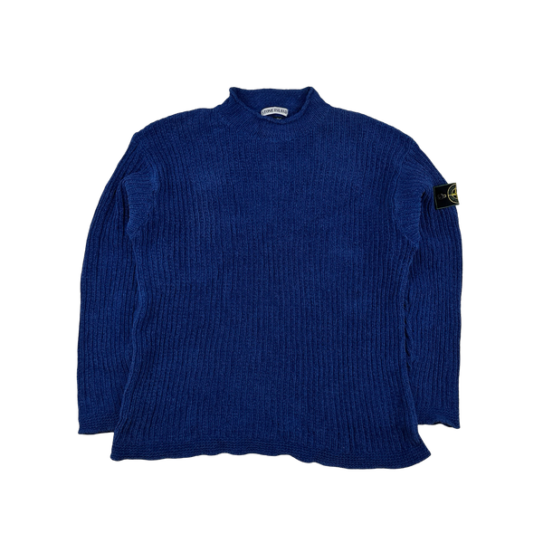 Stone Island 1995 Blue Mock Neck Cotton Knit Jumper - XL