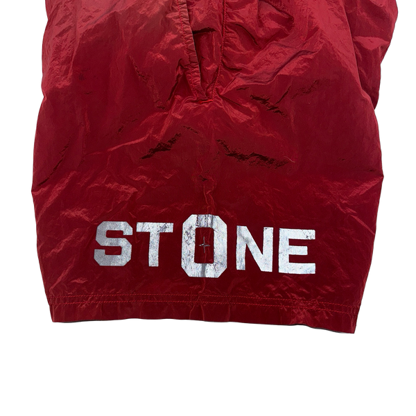 Stone Island 2016 Red Nylon Shimmer Reflective Spellout Swim Shorts - Large