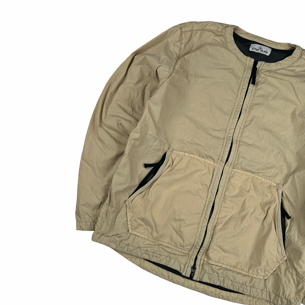 Stone Island Beige Garment Dyed Spellout Collarless Zip Up Jacket  - Large