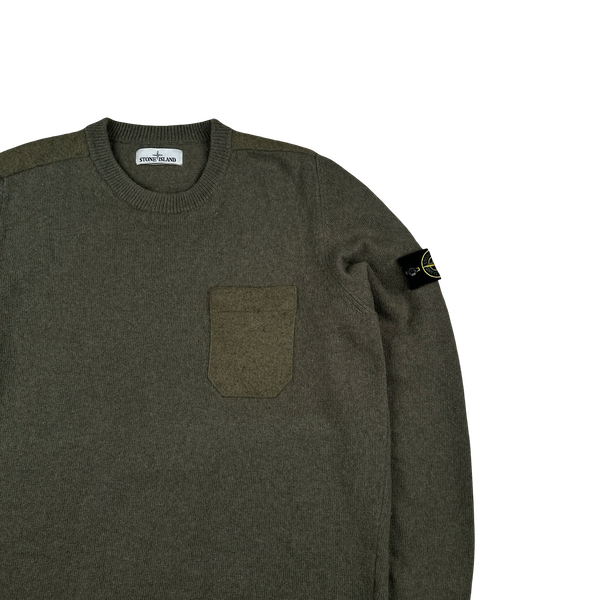 Stone Island 2018 Khaki Wool Chest Pocket Crewneck Jumper - XXL