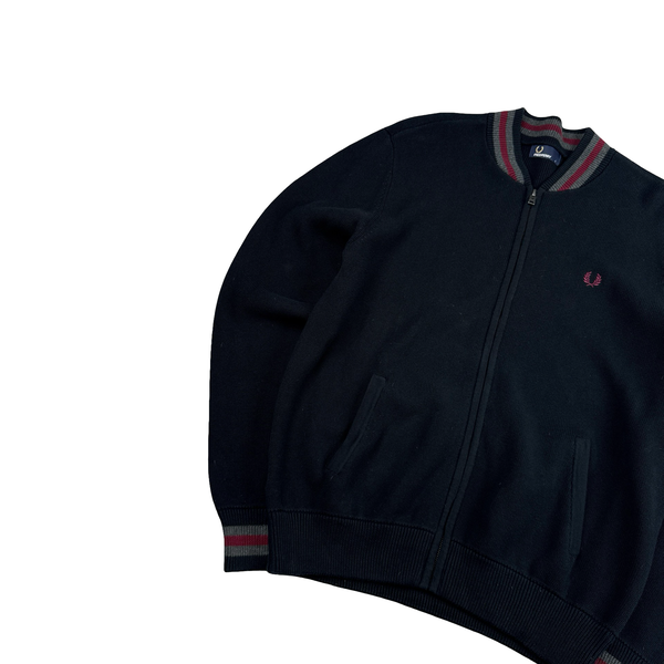 Fred Perry Black Zipped Burgundy Collared Knit Jumper - Large