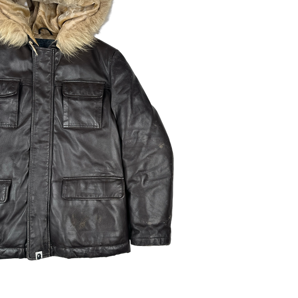 BAPE Nigo Era Brown Heavyweight Leather Fur Hooded Down Filled Jacket - Small