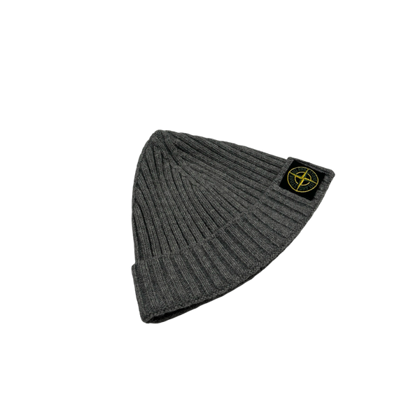 Stone Island Grey Ribbed Logo Patch Beanie